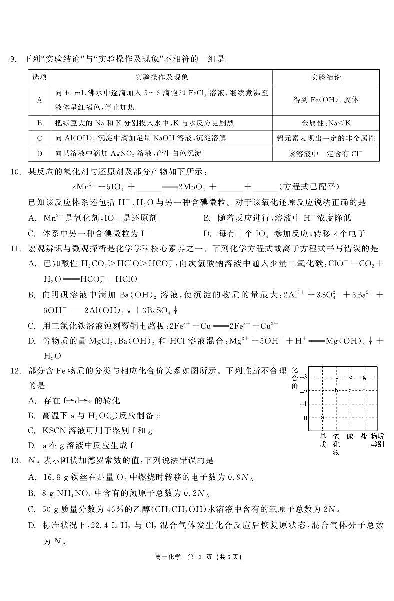 广东省深圳外国语学校高一上学期期末考试化学试题第3页