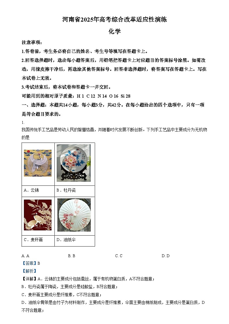 2025年1月高三上学期河南省普通高等学校招生考试适应性测试（八省联考）化学试题  Word版含解析第1页