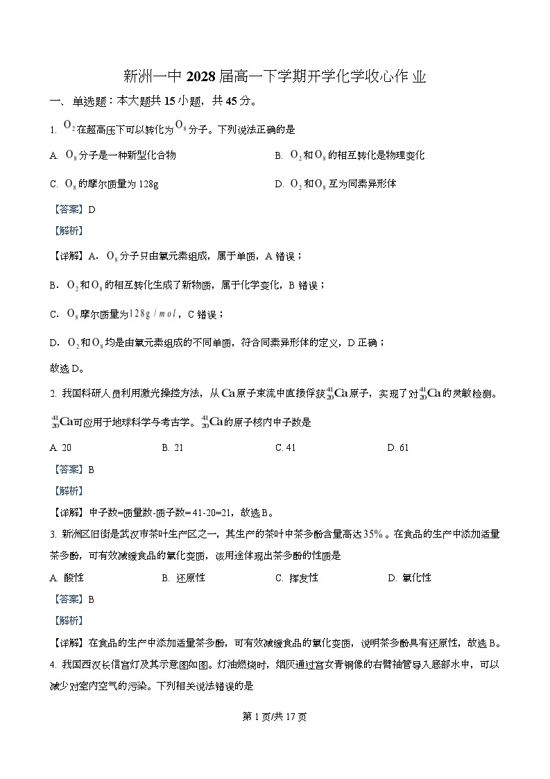 湖北新洲一中2028届高一下学期开学化学收心作业  Word版含解析第1页
