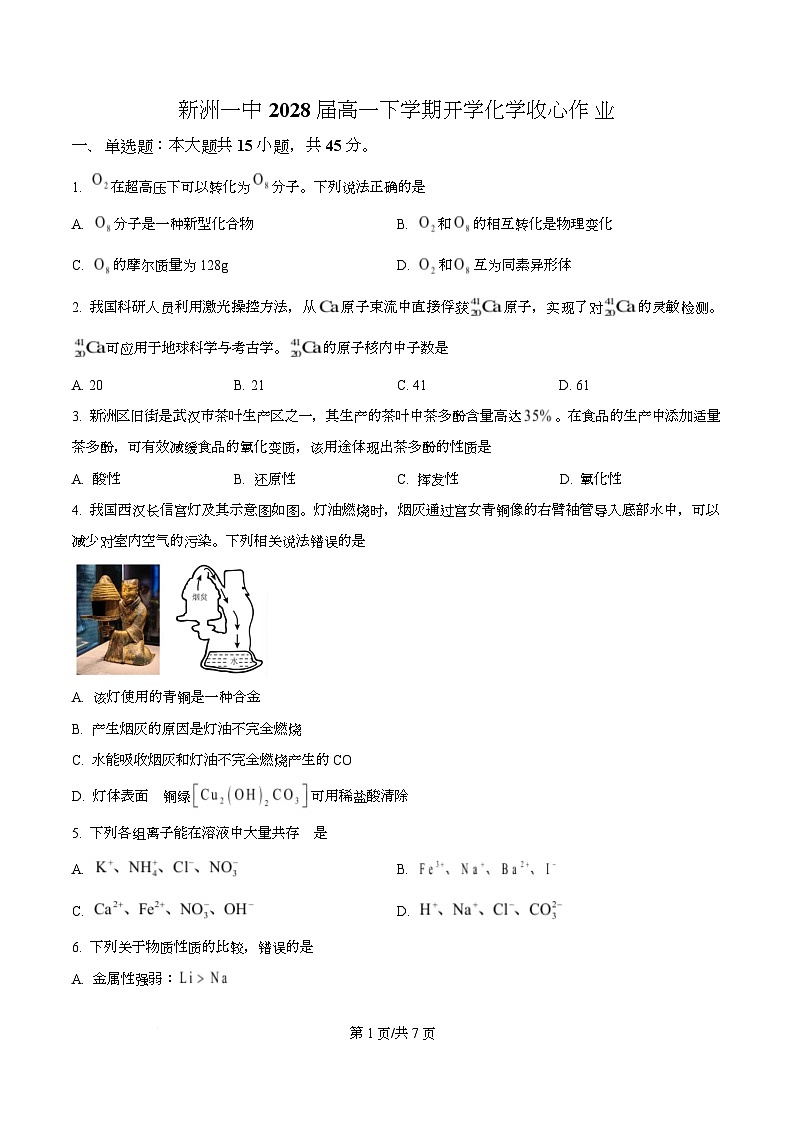 湖北新洲一中2028届高一下学期开学化学收心作业  Word版无答案第1页