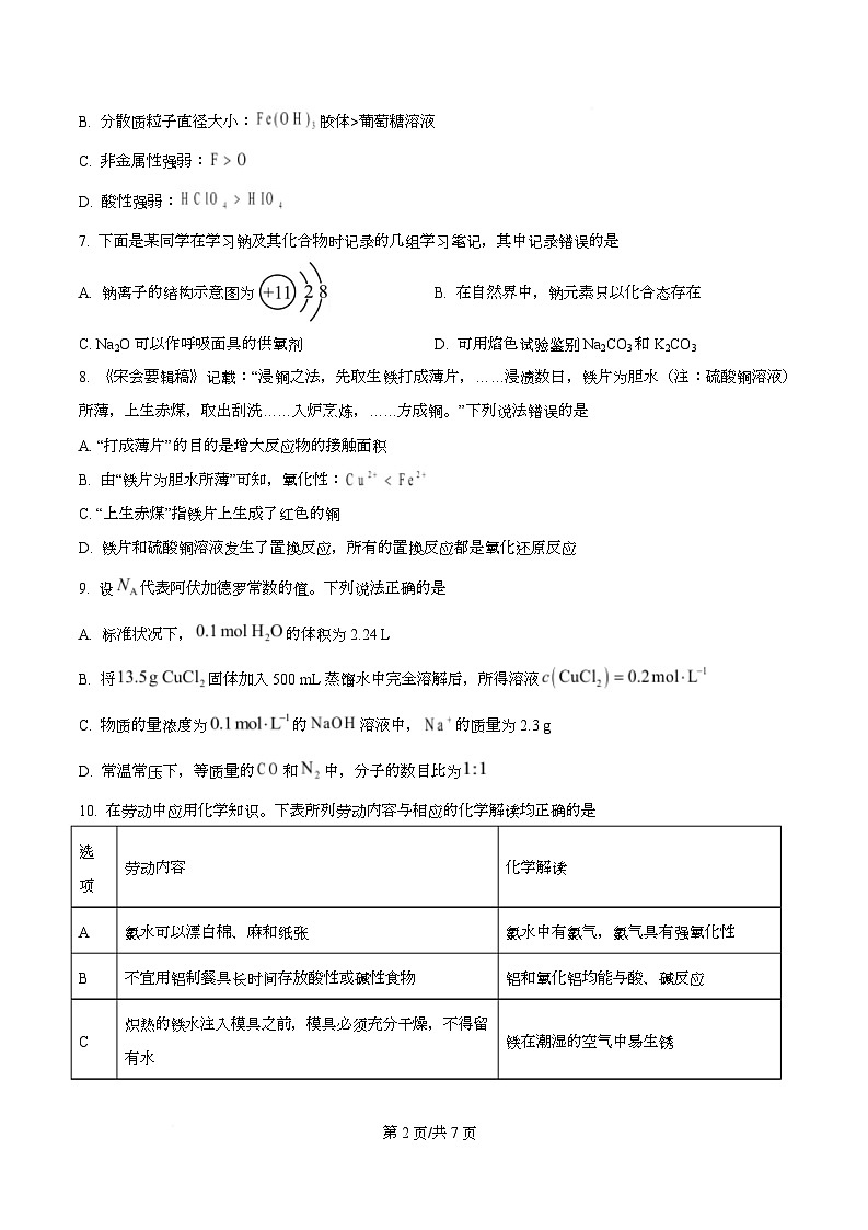 湖北新洲一中2028届高一下学期开学化学收心作业  Word版无答案第2页