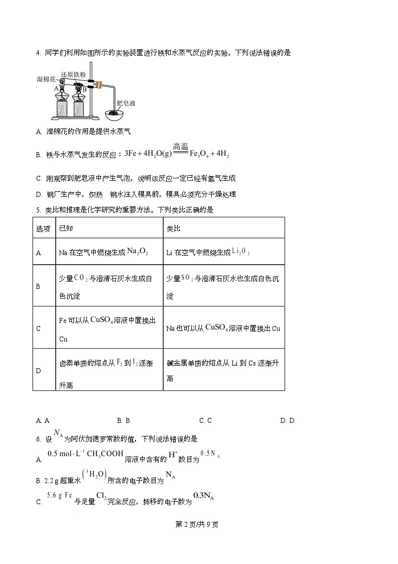 湖北武汉外国语学校2025-2026学年度上学期期末考试 高一化学试卷  Word版无答案第2页
