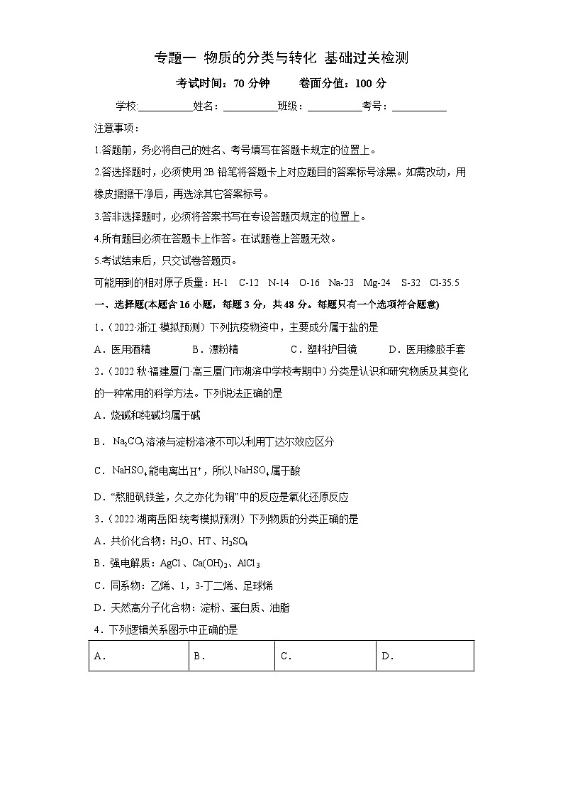 高考化学二轮复习核心考点讲与练专题一 物质的分类与转化（专练）（原卷版）第1页