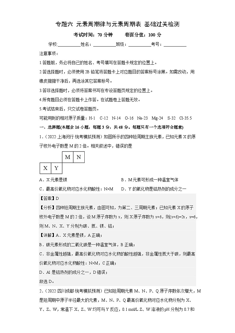 高考化学二轮复习核心考点讲与练专题六 元素周期律与元素周期表（专练）（解析版）第1页
