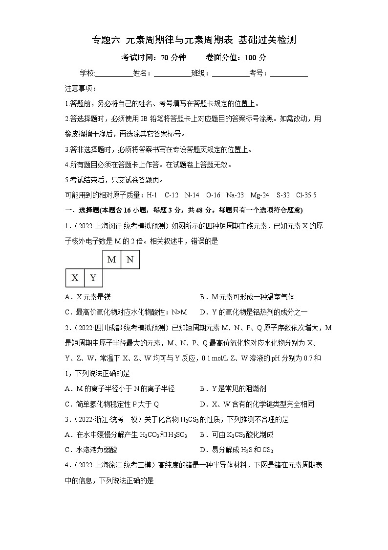 高考化学二轮复习核心考点讲与练专题六 元素周期律与元素周期表（专练）（原卷版）第1页