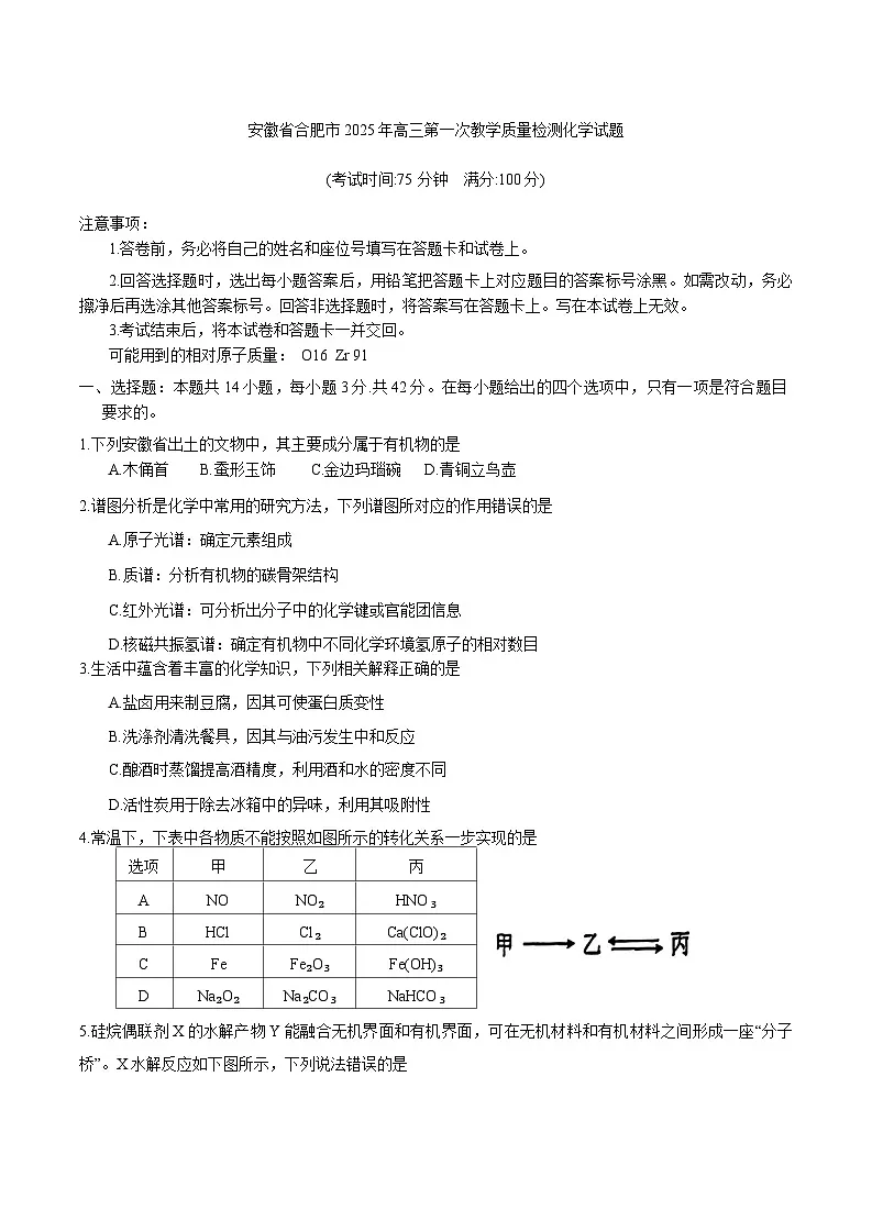 安徽省合肥市2024-2025学年高三第一次教学质量检测化学试题（含答案）第1页