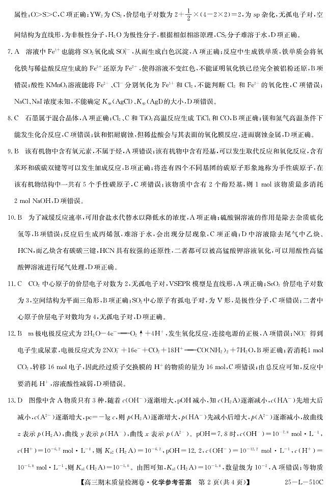 山西省三晋卓越联盟2025届高三上学期期末质量检测卷化学答案第2页