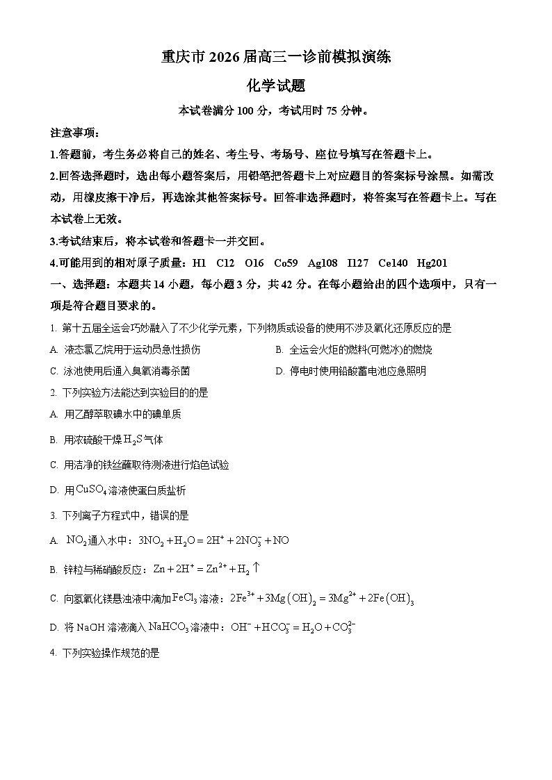 重庆育才中学等学校2026届高三上学期一诊前模拟演练化学试卷（原卷版）第1页