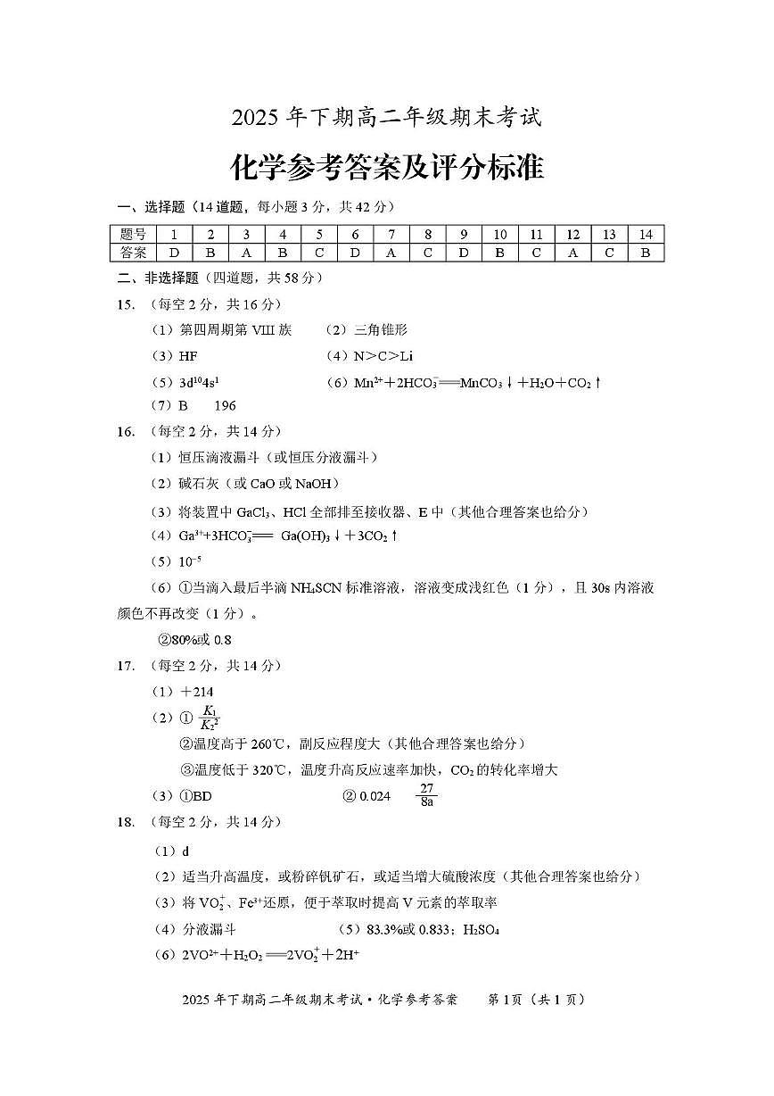 湖南永州市2025-2026学年高二上学期2月期末化学 2025年下期高二化学参考答案1稿第1页
