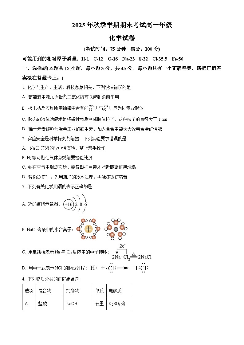 安徽省合肥市第五中学等校2025年秋季学期期末考试高一年级化学试卷（原卷版）第1页