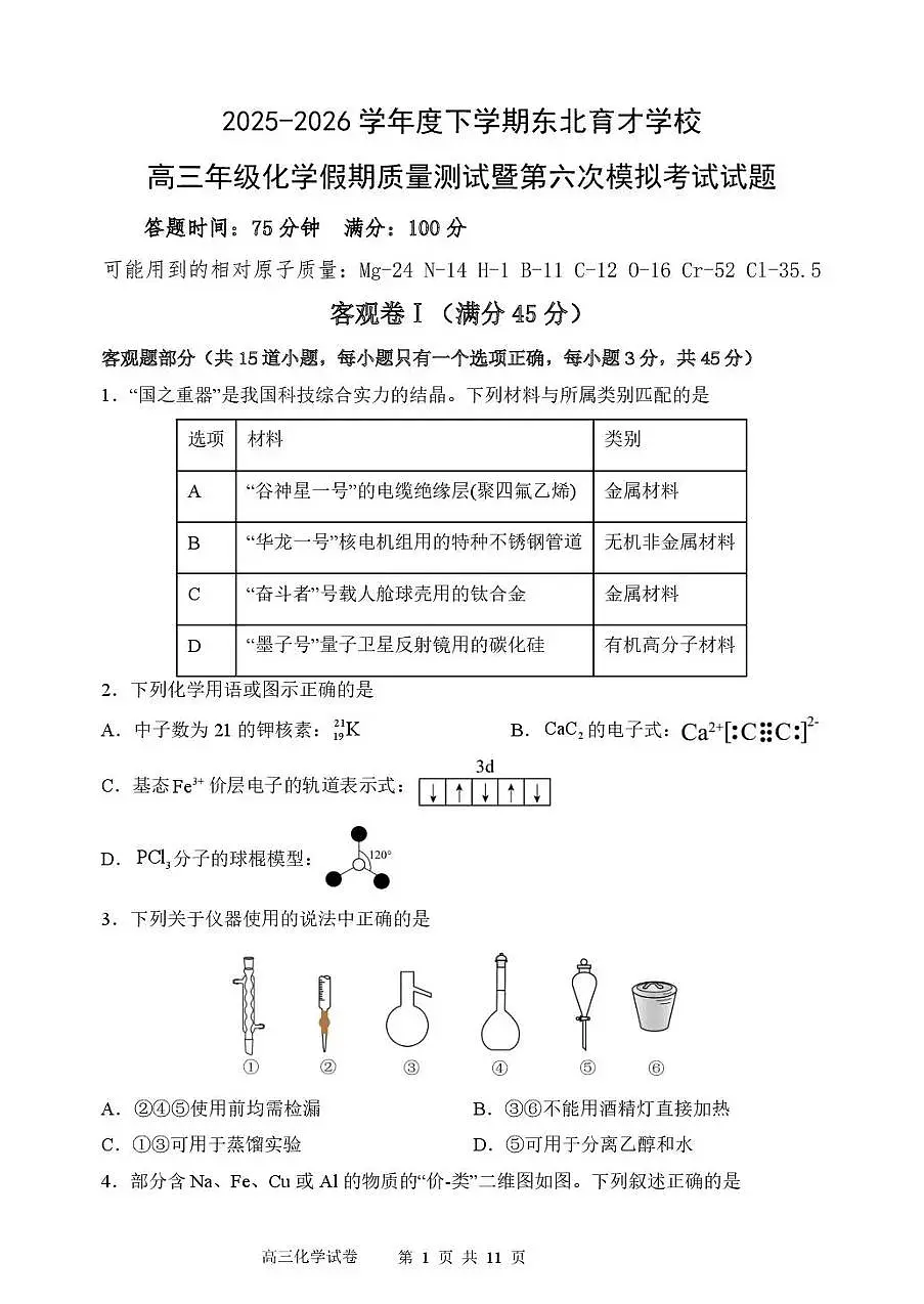 化学-东北育才学校2025-2026学年高三下学期3月第六次模拟考试题及答案第1页