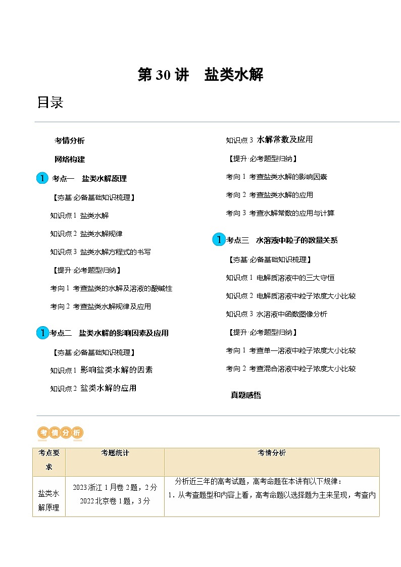 高考化学一轮复习考点讲练测第30讲 盐类水解（讲义）（解析版）第1页