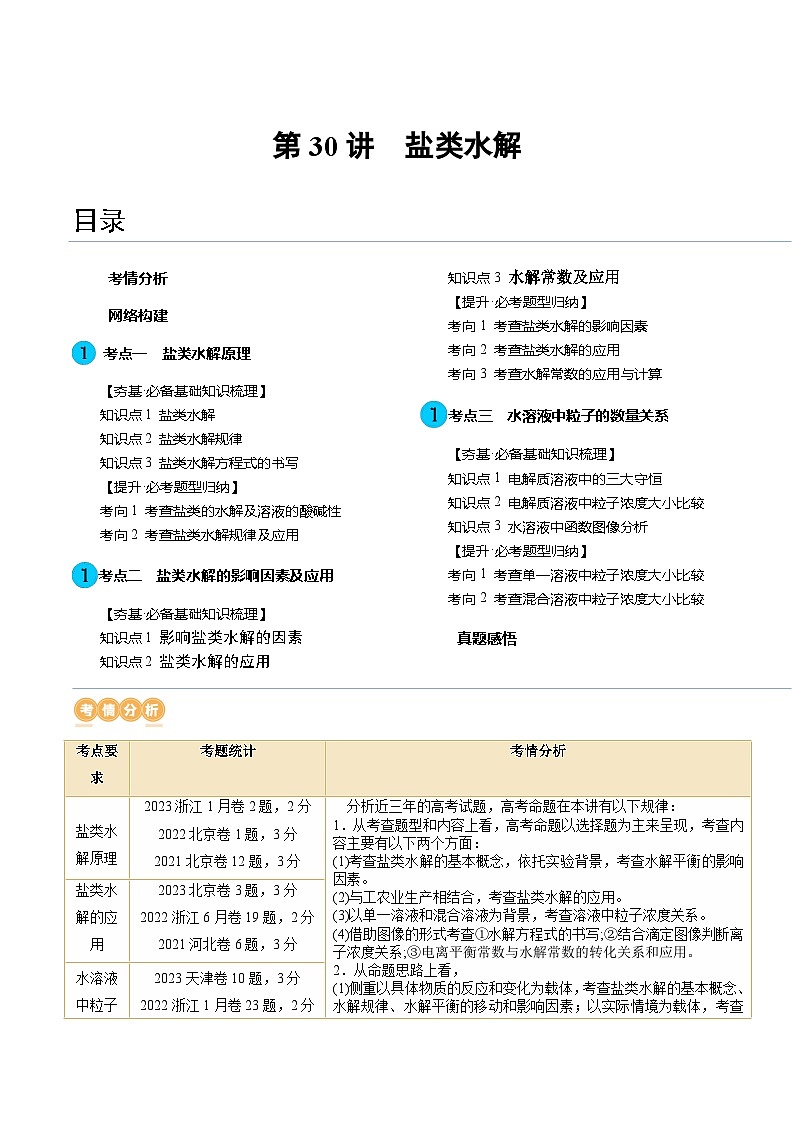 高考化学一轮复习考点讲练测第30讲 盐类水解（讲义）（原卷版）第1页