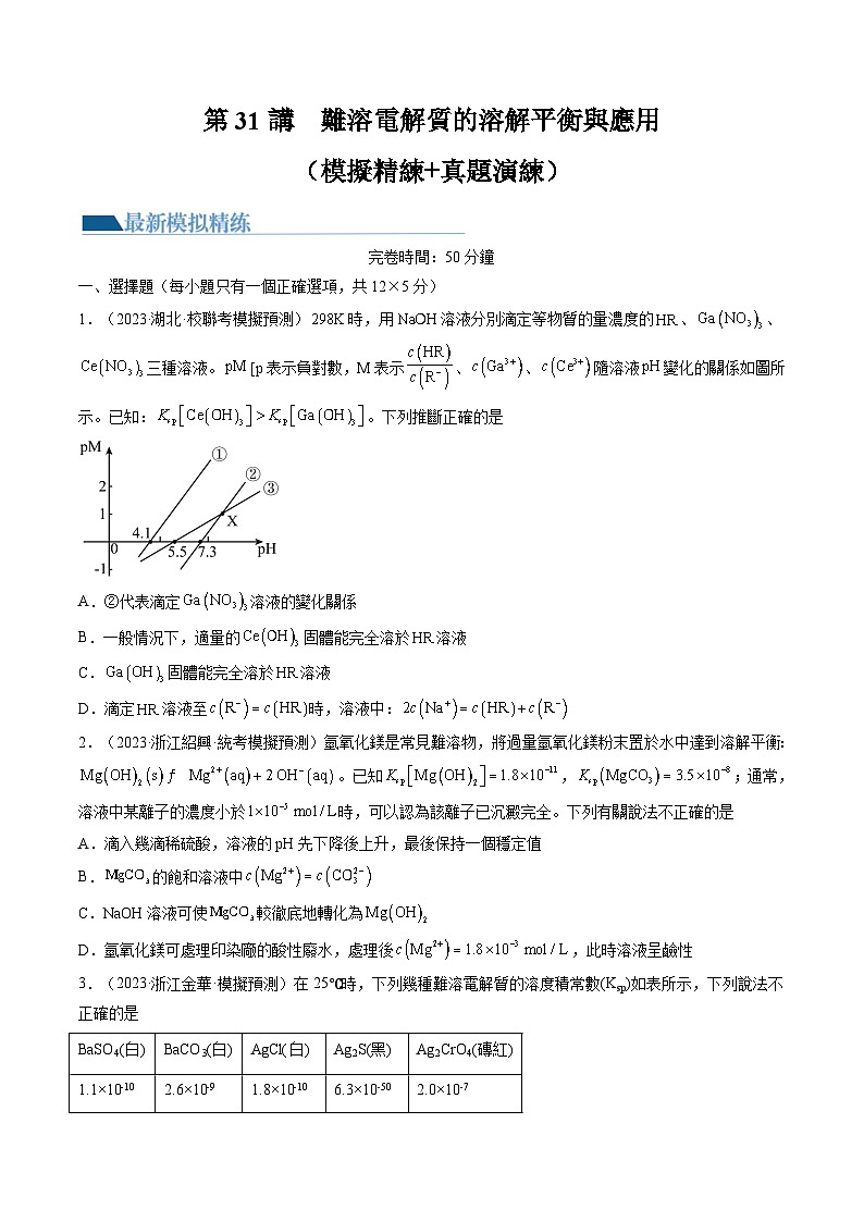 高考化学一轮复习考点讲练测第31讲 难溶电解质的溶解平衡与应用（练习）（原卷版） 第1页