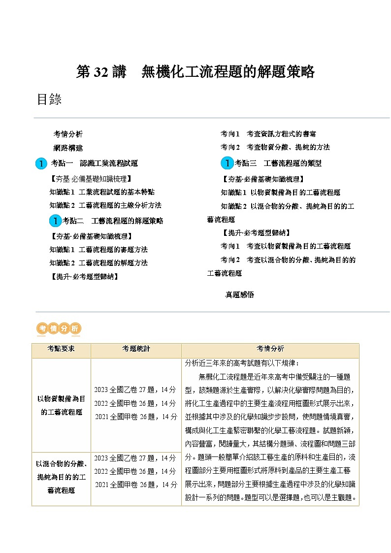 高考化学一轮复习考点讲练测第32讲 无机化工流程题的解题策略（讲义）（解析版） 第1页