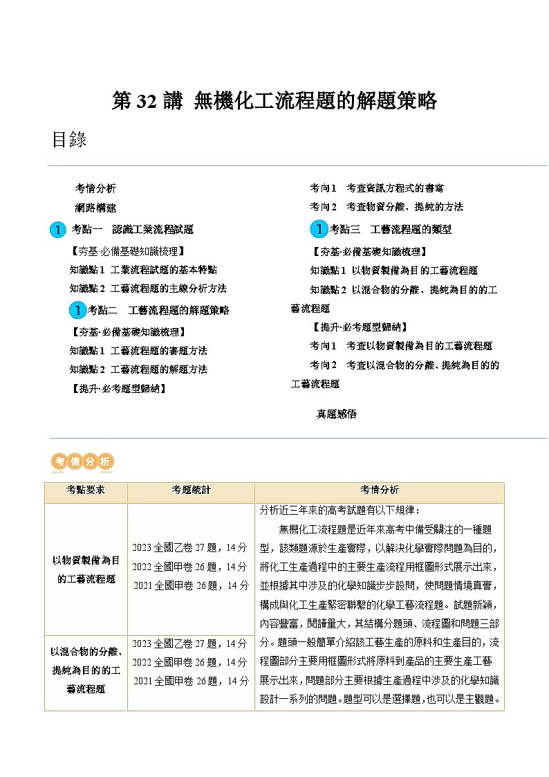 高考化学一轮复习考点讲练测第32讲 无机化工流程题的解题策略（讲义）（原卷版） 第1页