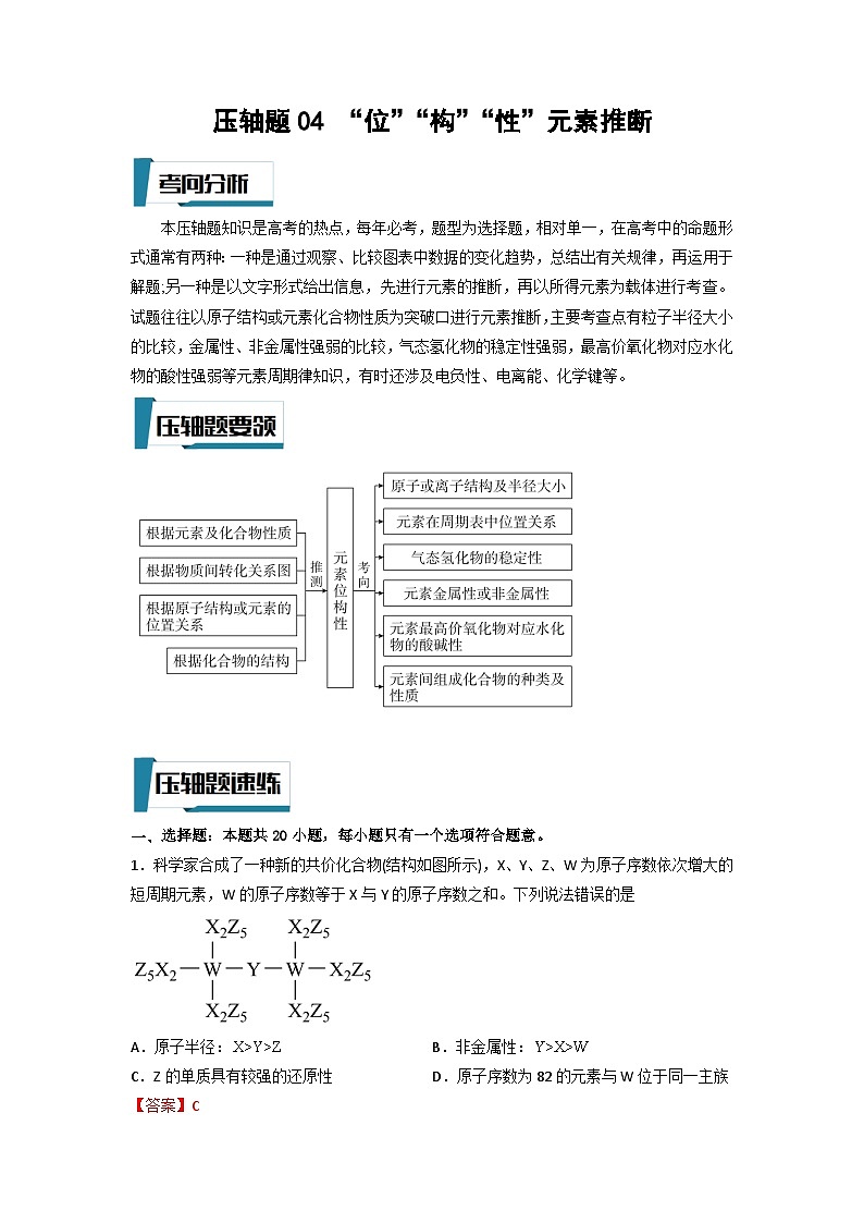 高考化学二轮复习压轴题专项练习04 “位”“构”“性”元素推断（解析版）第1页