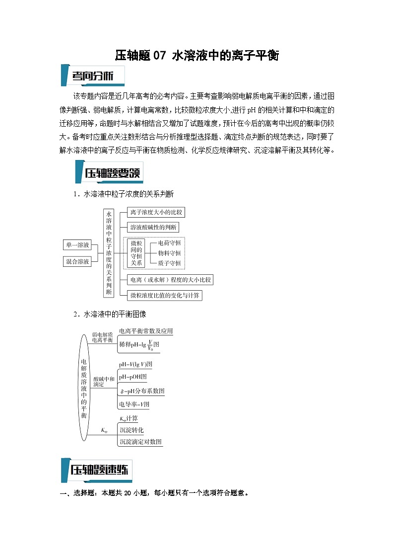 高考化学二轮复习压轴题专项练习07 水溶液中的离子平衡（解析版）第1页