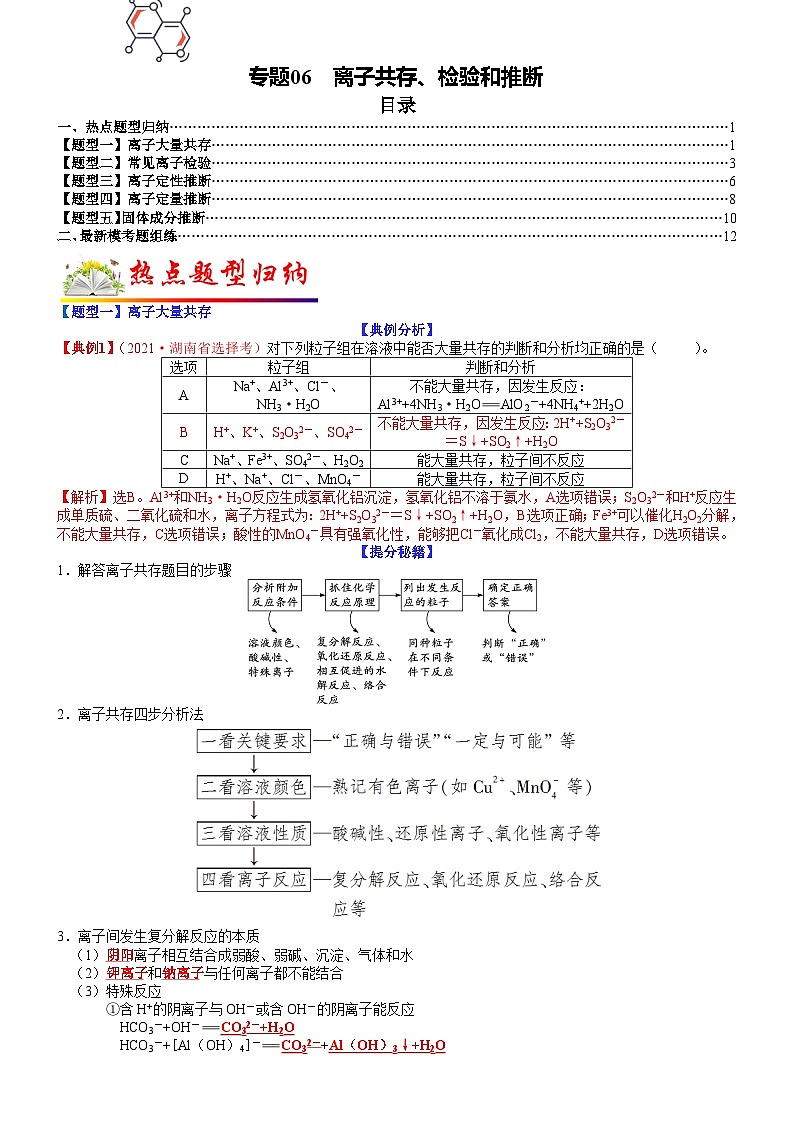 高考化学二轮热点题型归纳与变式演练专题06 离子共存、检验和推断（教师版）第1页