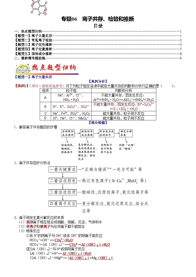 高考化学二轮热点题型归纳与变式演练专题06 离子共存、检验和推断（学生版）第1页