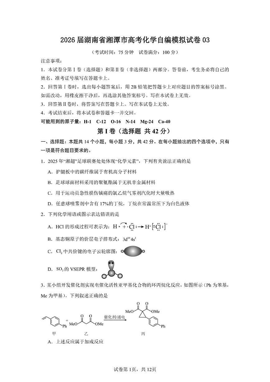 2026届湖南省湘潭市高考化学自编模拟03（人教版2019）试卷（含答案）第1页