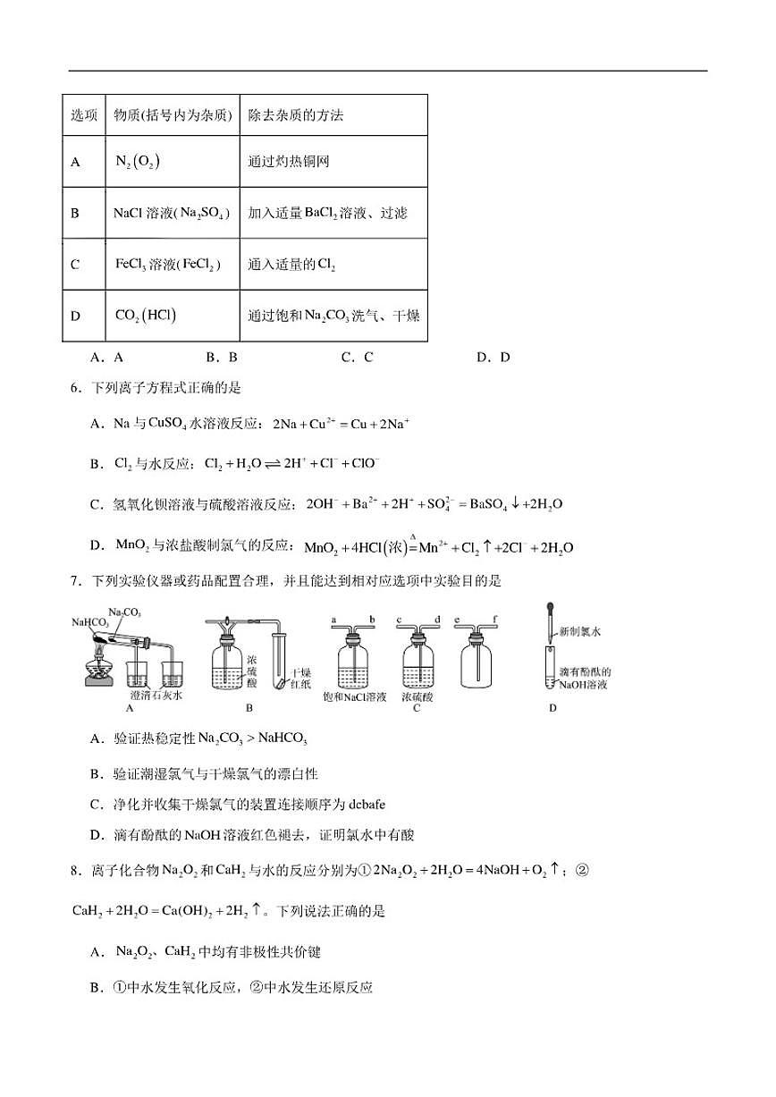 2025-2026学年安徽省桐城中学高一下学期第一次教学质量检查（开学）化学试卷（含答案）第2页