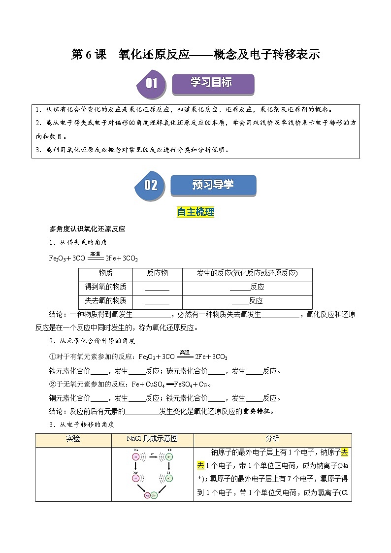 （人教版必修第一册)高一化学上册同步学与练第06课 氧化还原反应 概念及电子转移表示（原卷版）第1页