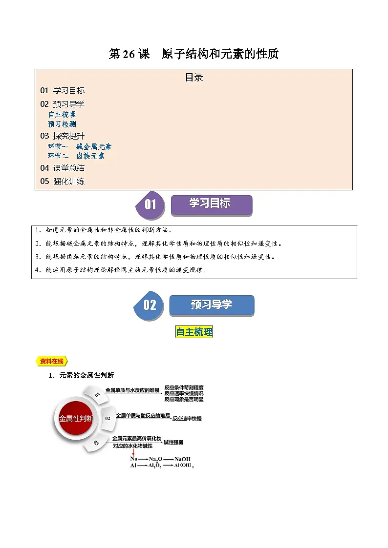 （人教版必修第一册)高一化学上册同步学与练第26课 原子结构和元素的性质（原卷版）第1页