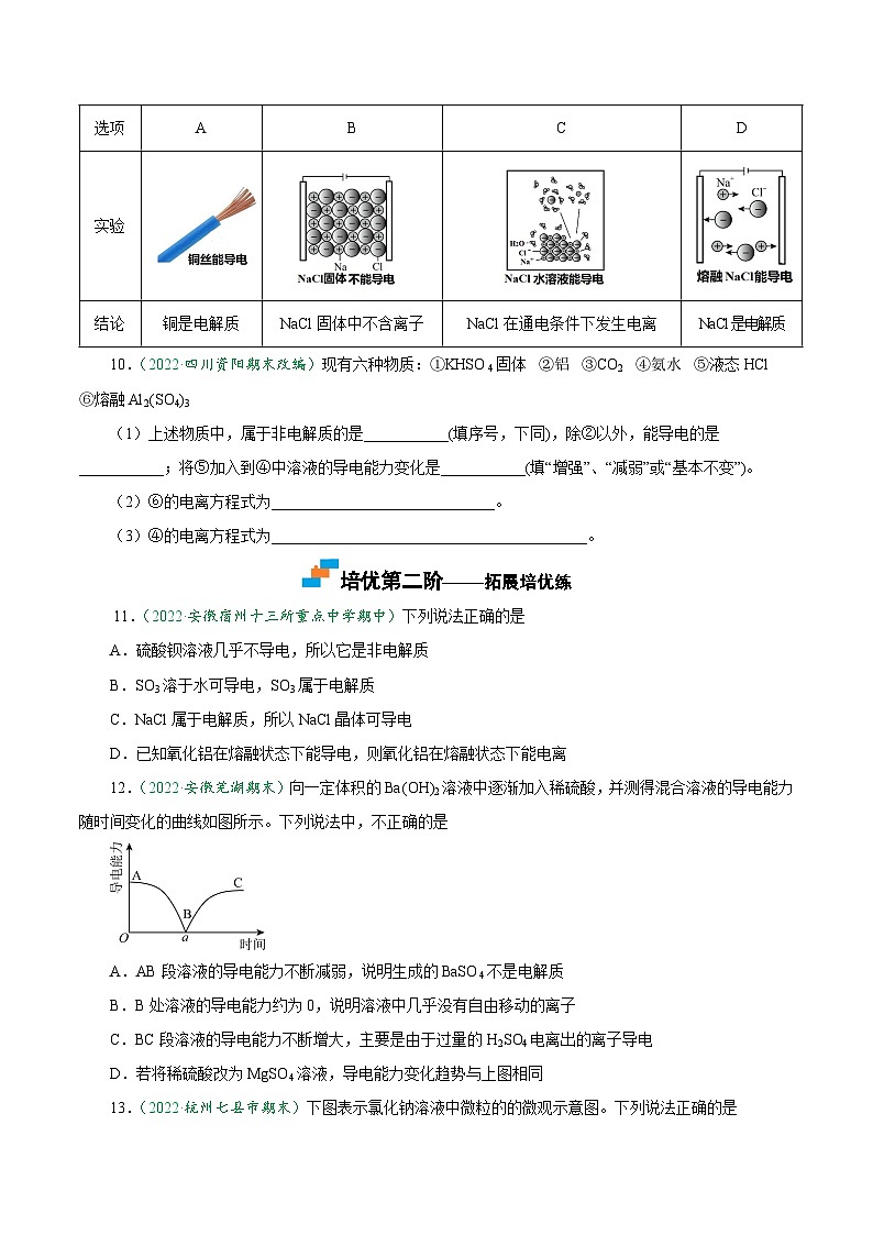 （人教版必修第一册）高一化学上册课后巩固练习1.2.1 电解质的电离（原卷版）第2页