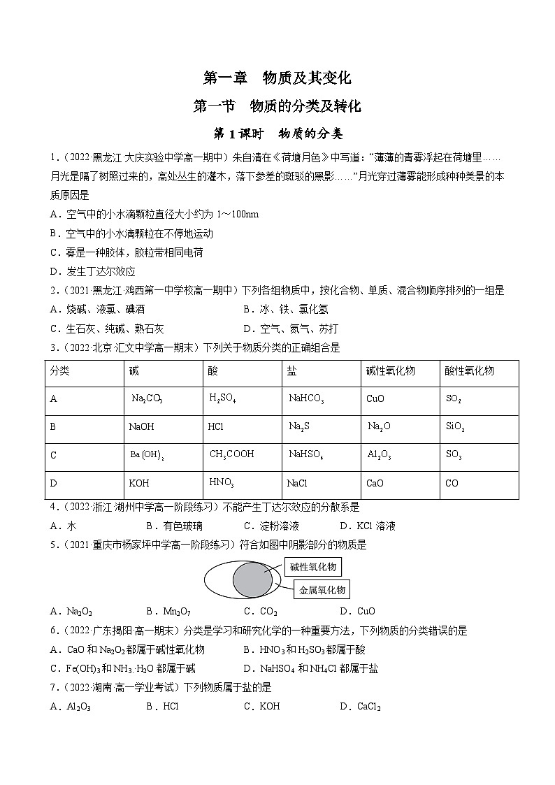 （人教版必修第一册）高一化学上册同步练习1.1.1 物质的分类（原卷版）第1页