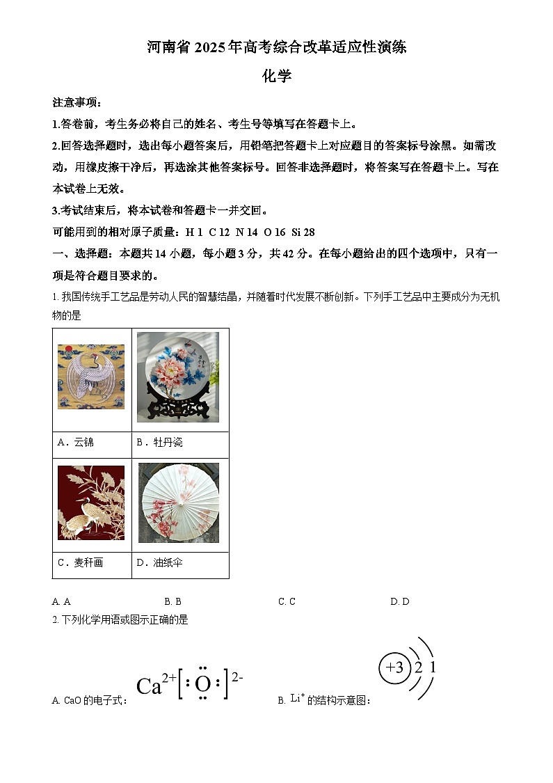 2025年1月河南省普通高等学校招生考试适应性测试（八省联考）化学试题  Word版无答案第1页