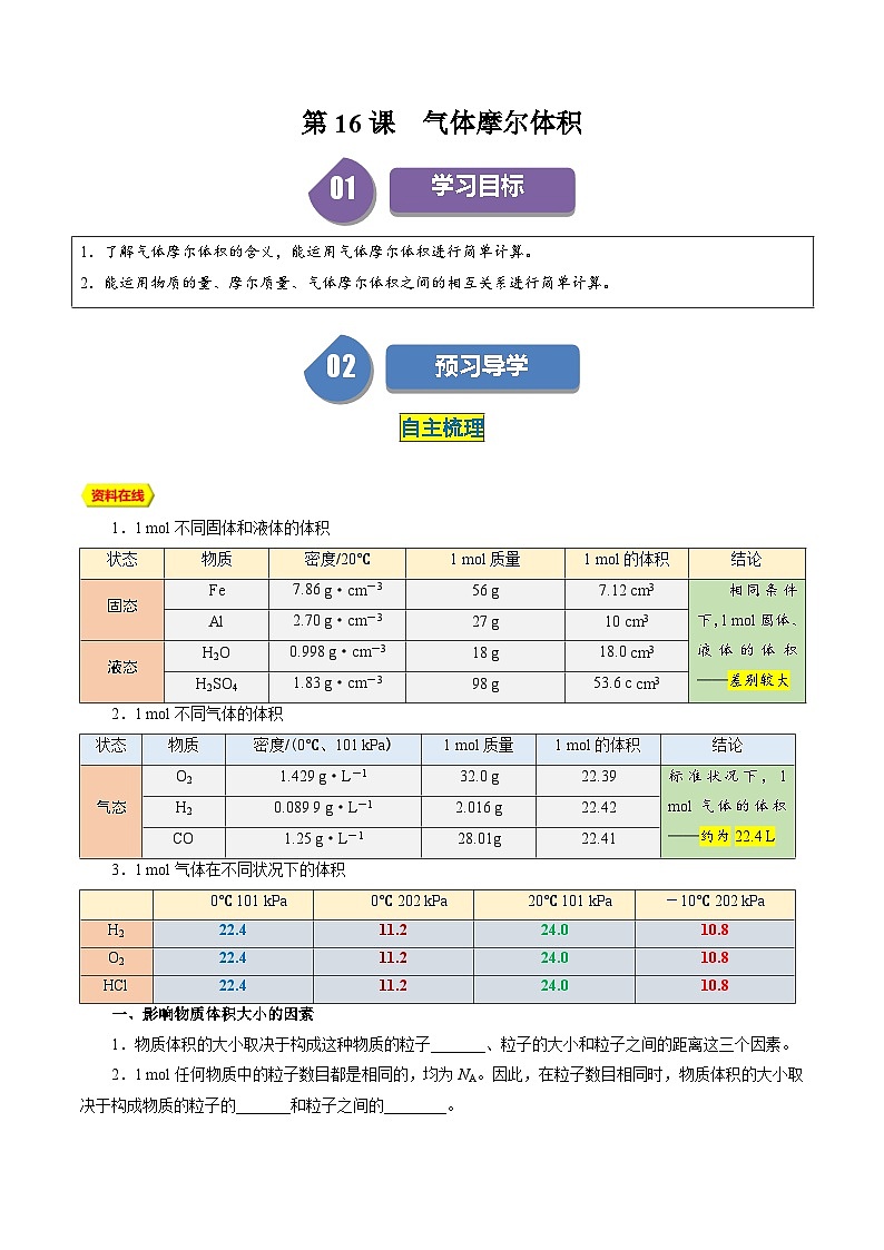 （人教版必修第一册)高一化学上册同步学与练第16课  气体摩尔体积（解析版）第1页