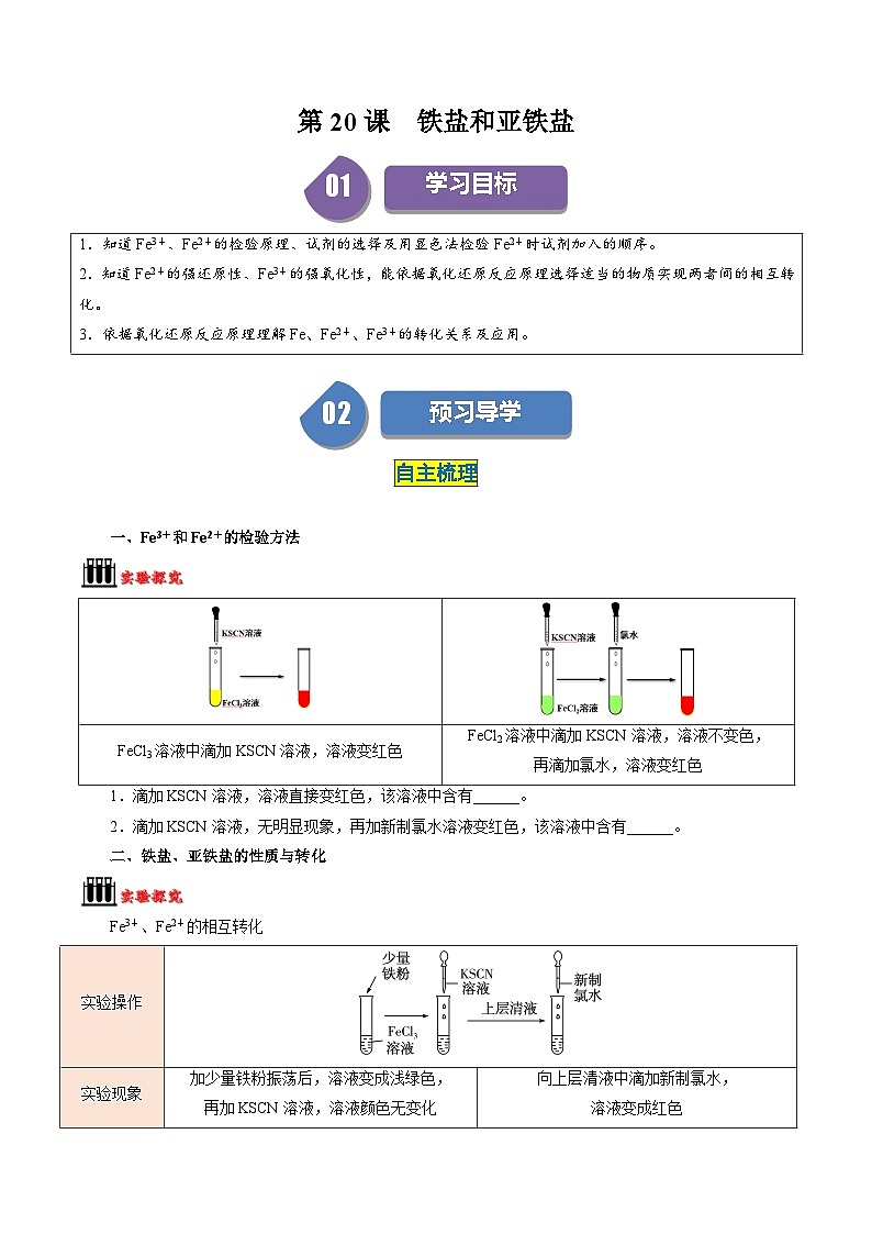 （人教版必修第一册)高一化学上册同步学与练第20课  铁盐和亚铁盐（解析版）第1页