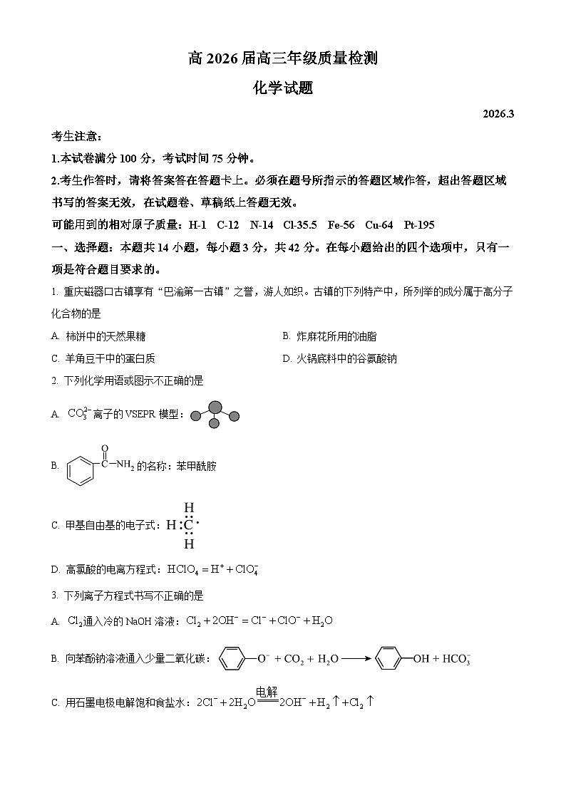 重庆市南开中学2026届高三下学期3月质量检测化学试卷（原卷版）第1页
