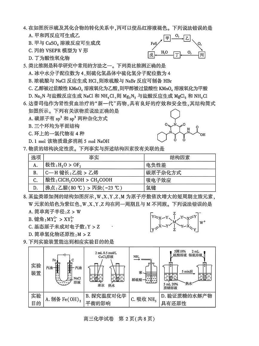 湖北武汉市2026届下学期高三三月调研考试（武汉二调） 化学试卷及答案第2页