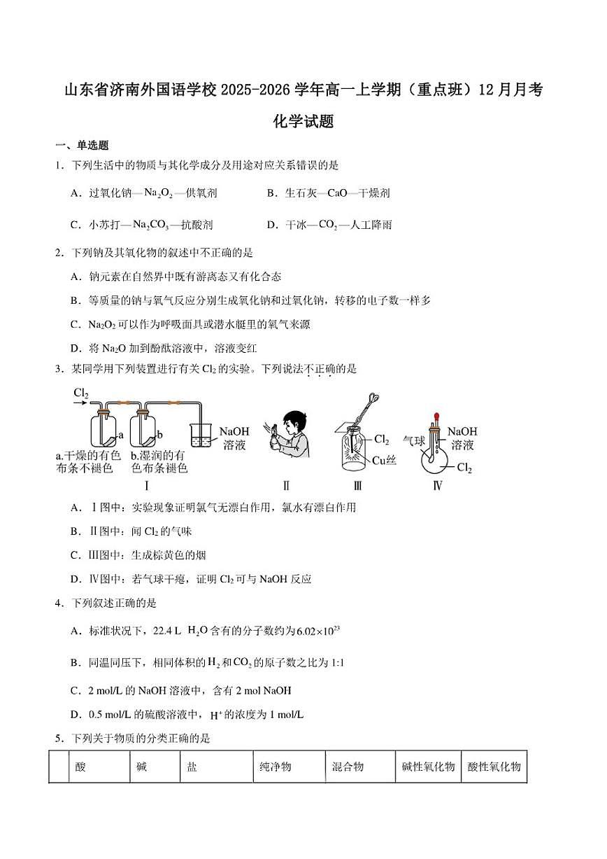 2025-2026学年山东省济南市外国语学校高一上学期12月检测化学（含答案）试卷 (1)第1页