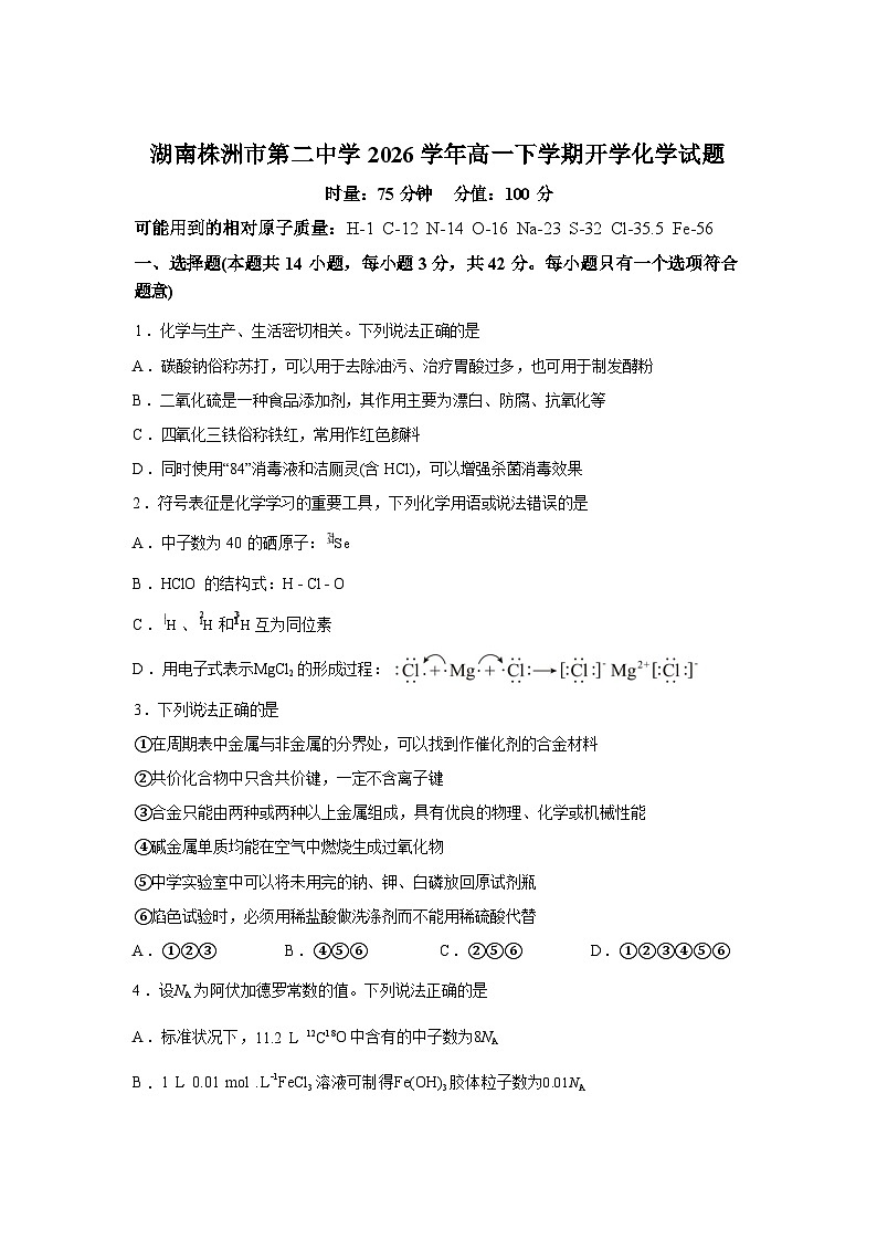 湖南株洲市第二中学2026学年高一下学期开学化学试题含答案第1页