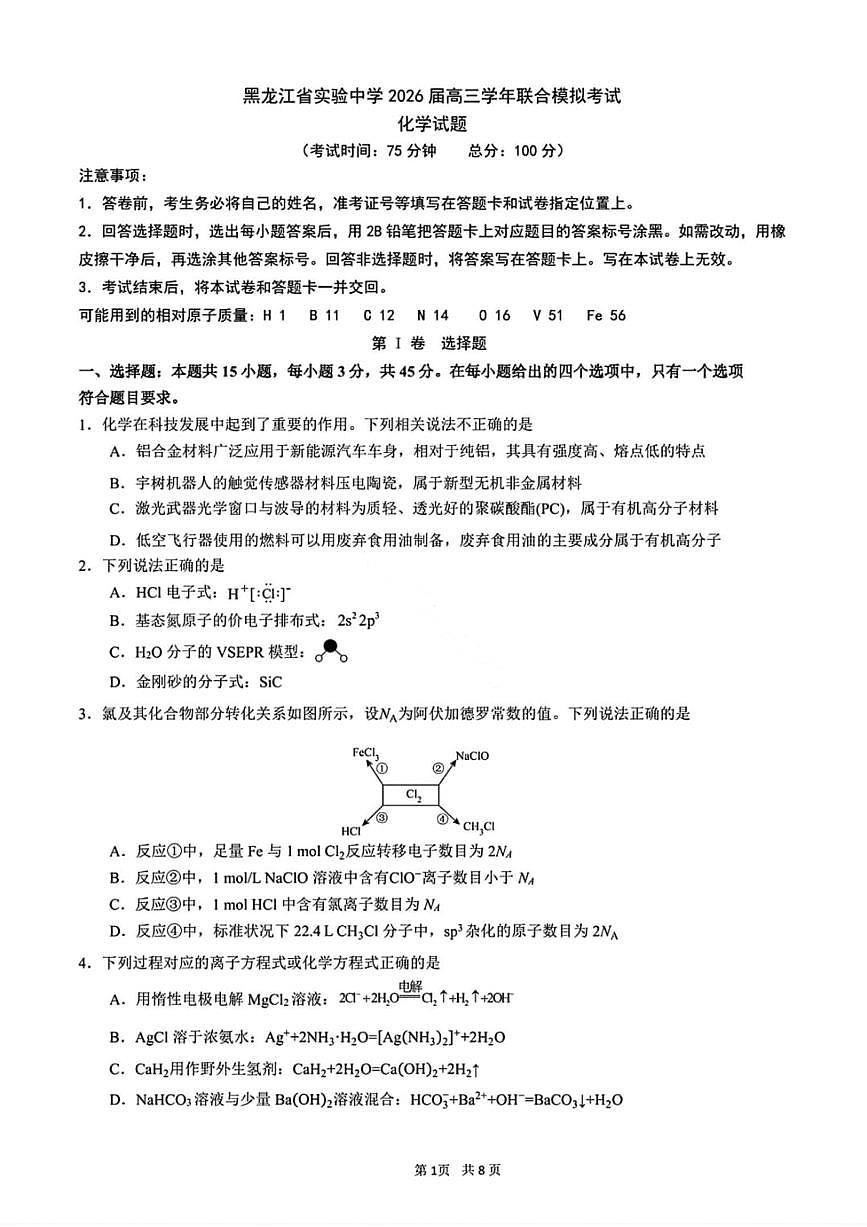 化学试卷-黑龙江实验中学2026届高三学年联合模拟考试第1页