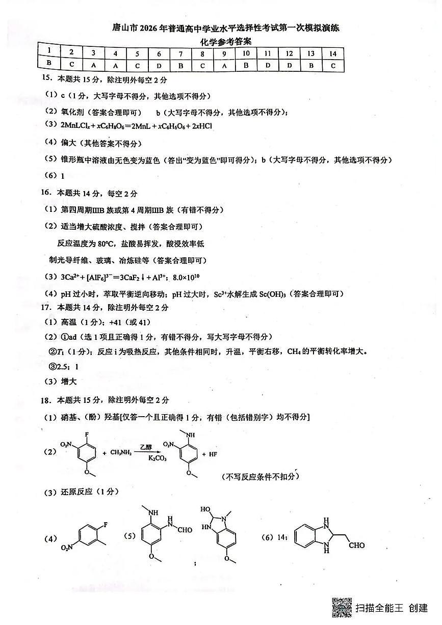 唐山市2026年普通高等学校招生统一考试第一次模拟演练 化学答案第1页