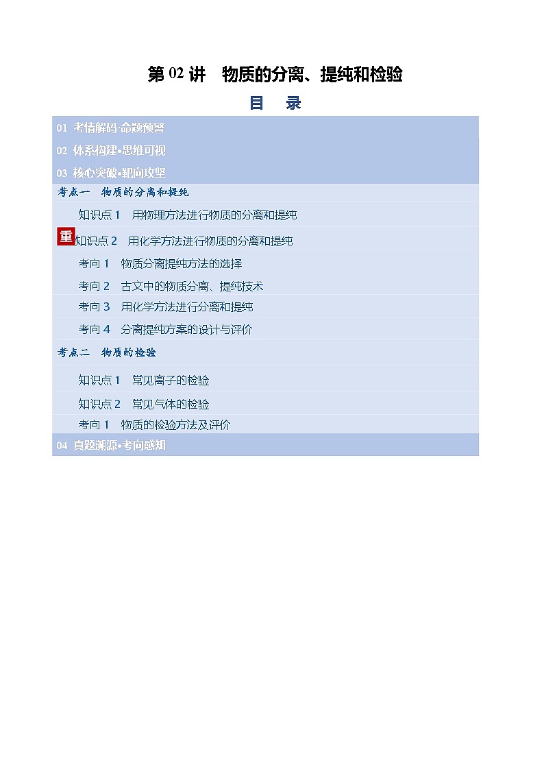 第02讲 物质的分离、提纯和检验（复习讲义）（天津专用）（原卷版）第1页