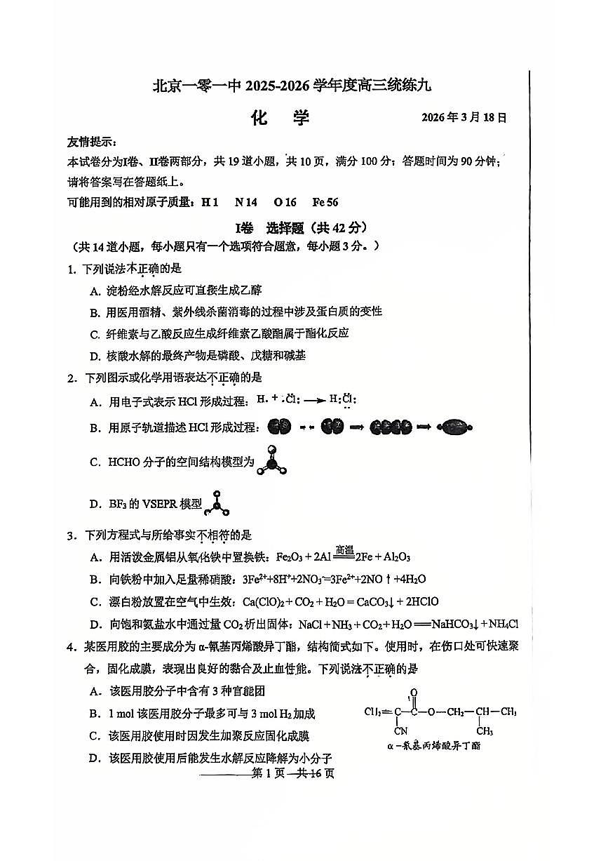 2026北京一零一中高三（下）统练九化学试卷第1页