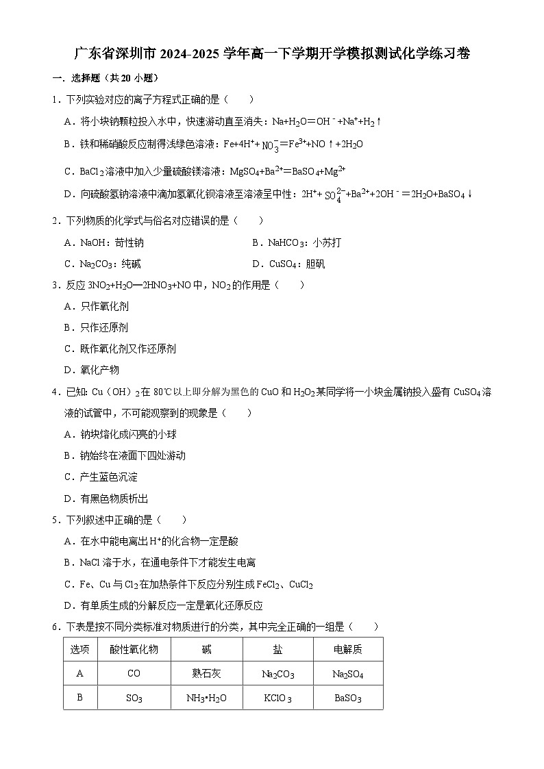 广东省深圳市高一下学期开学模拟测试化学练习卷-A4第1页