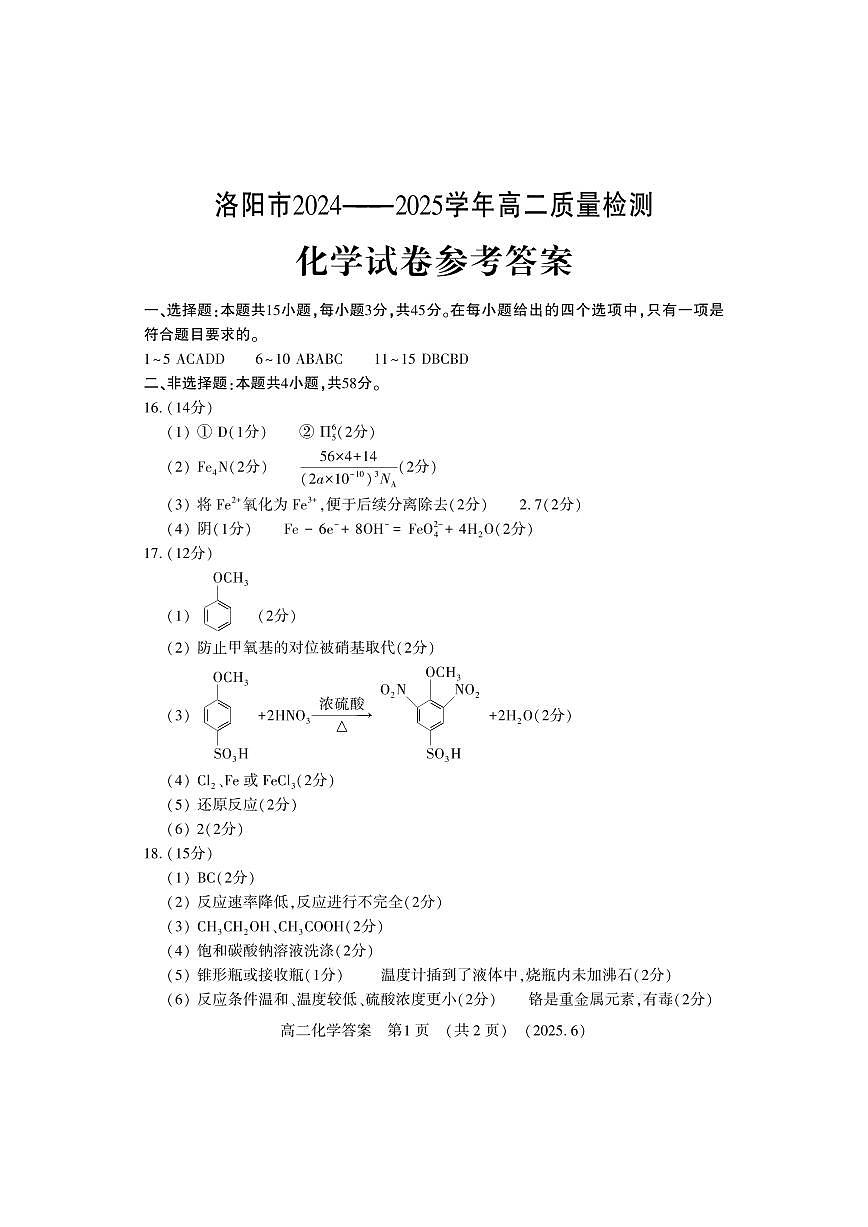 洛阳2024-2025学年6月高二质量检测-化学答案第1页