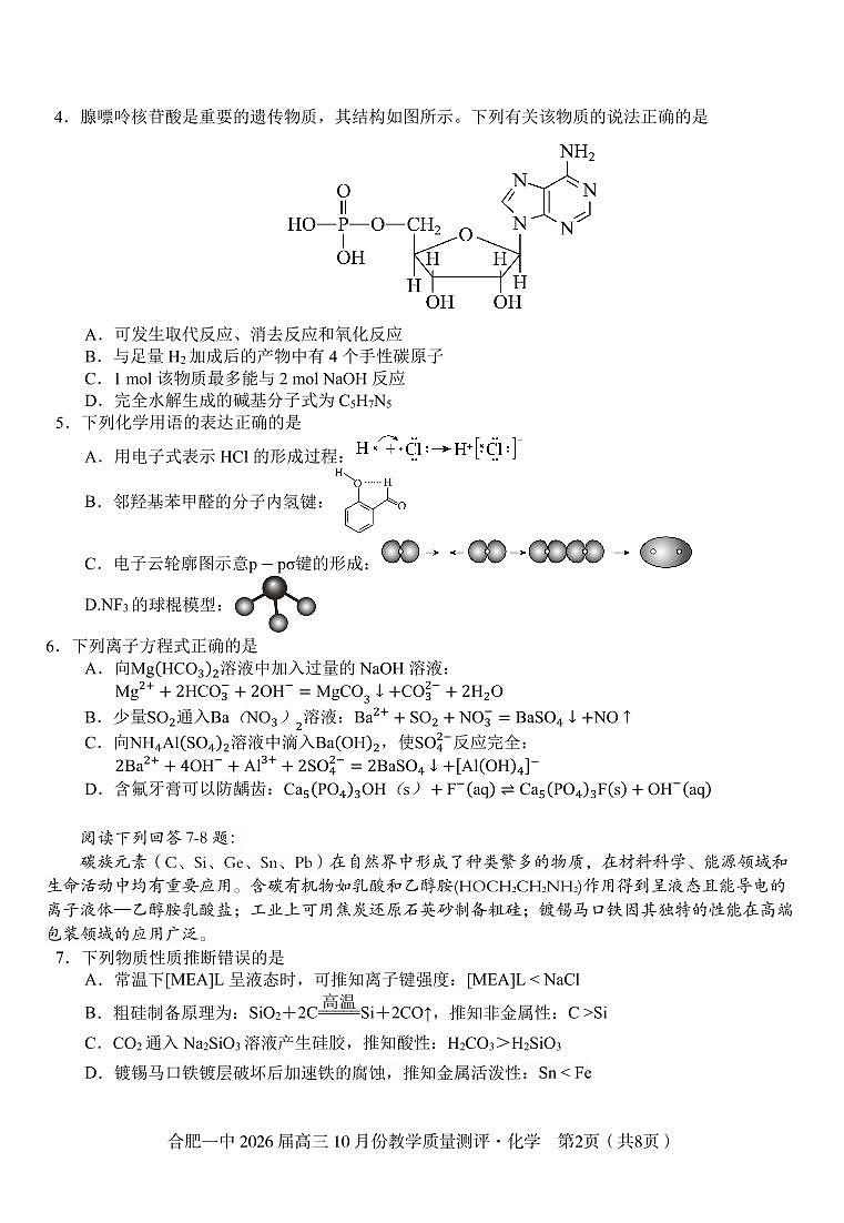 安徽省合肥一中2026届高三10月份教学质量测评化学试卷（含答案）第2页