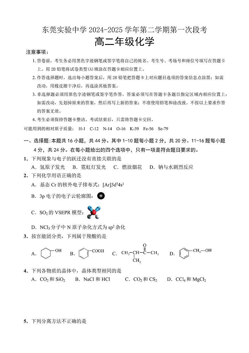 广东省东莞市东莞实验中学2024-2025学年高二下学期3月月考化学试题第1页