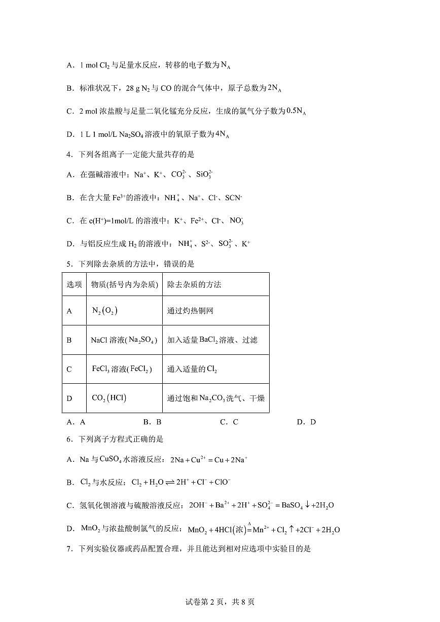 安徽安庆市桐城中学2025-2026学年度下学期第一次教学质量检测高一化学试卷含答案第2页