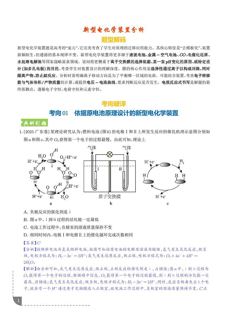 新型电化学装置分析 （全国通用）（解析版）第1页
