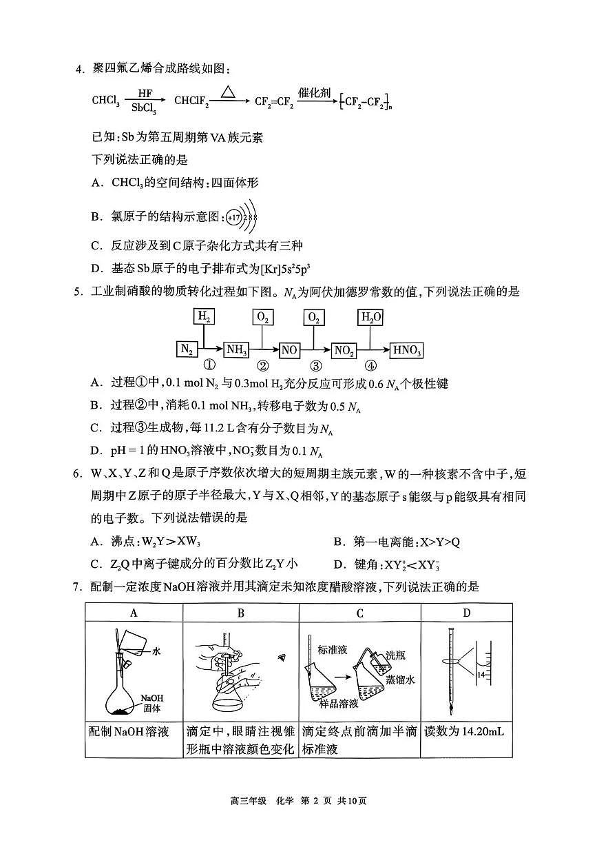 呼和浩特市2026年高三年级第一次模拟考试 化学第2页