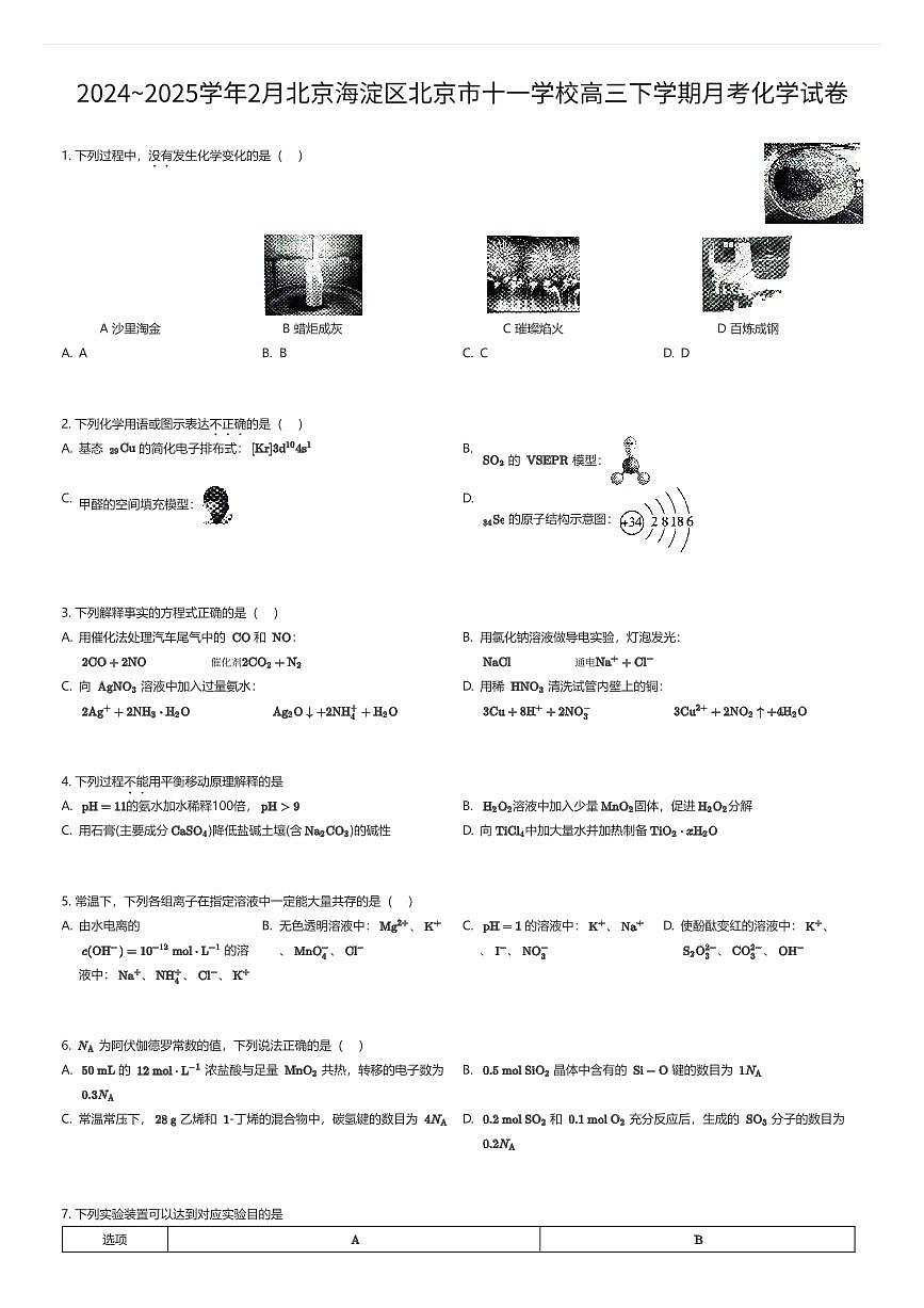 2024~2025学年2月北京海淀区北京市十一学校高三下学期月考化学试卷（有答案解析）第1页