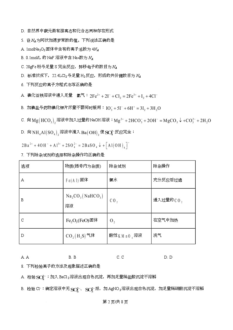 湖南省长沙市一中2025-2026学年高一下学期开学考试化学试卷（原卷版）第2页